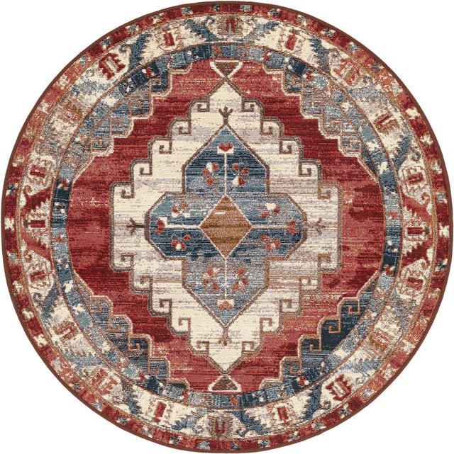 Red and Navy Blue 4' 1 x 4' 1 Outdoor Traditional Round Area Rug Weather Resistant for Patio, Deck, Terrace, Balcony, Porch Classical Design Outside Carpet for Sale at Rug Engine