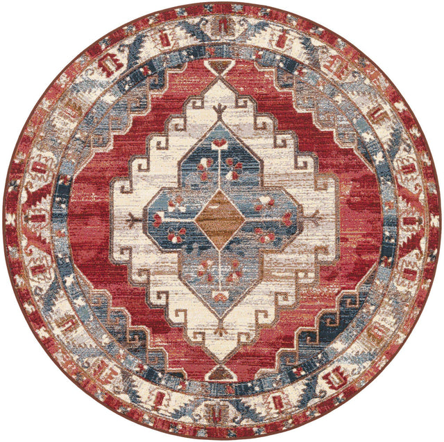 Red and Navy Blue 5' 1 x 5' 1 Outdoor Traditional Round Area Rug Weather Resistant for Patio, Deck, Terrace, Balcony, Porch Classical Design Outside Carpet for Sale at Rug Engine