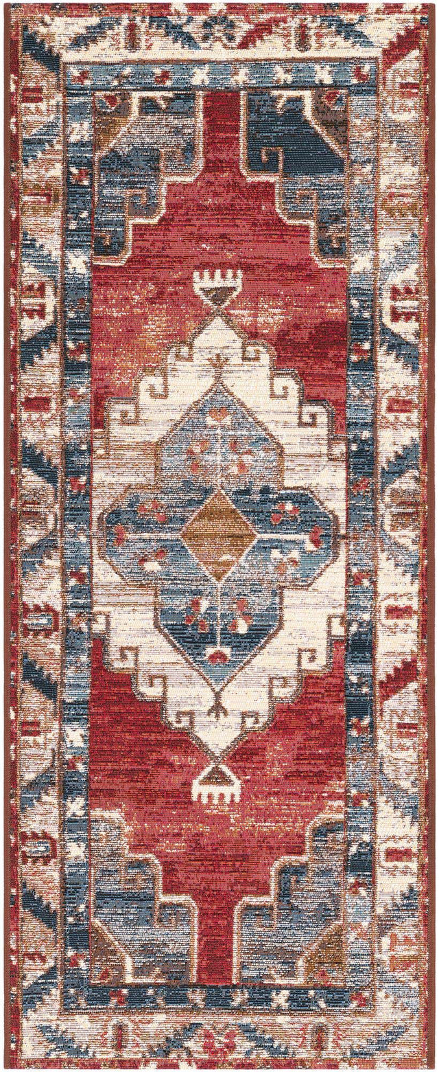 Red and Navy Blue 2' x 5' 1 Outdoor Traditional Runner Area Rug Weather Resistant for Patio, Deck, Terrace, Balcony, Porch Classical Design Outside Carpet for Sale at Rug Engine