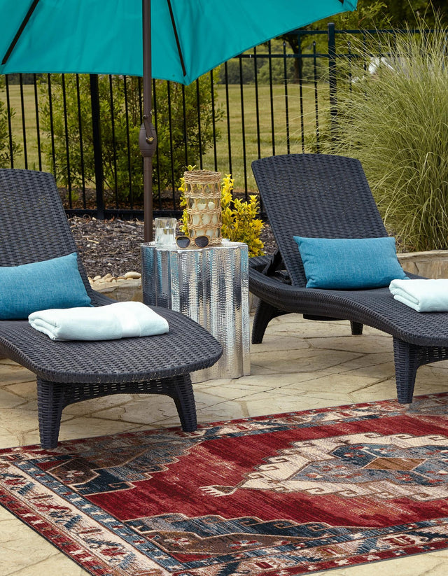 Red and Navy Blue 6' 1 x 9' Outdoor Traditional Rectangle Area Rug Weather Resistant for Patio, Deck, Terrace, Balcony, Porch Classical Design Outside Carpet for Sale at Rug Engine