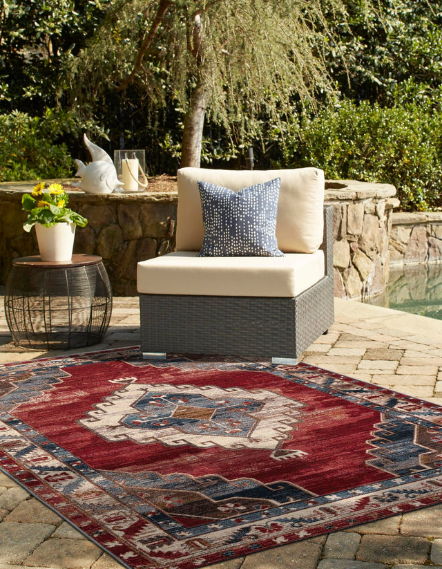 Red and Navy Blue 7' 10 x 10' Outdoor Traditional Rectangle Area Rug Weather Resistant for Patio, Deck, Terrace, Balcony, Porch Classical Design Outside Carpet for Sale at Rug Engine