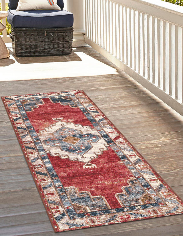 Red and Navy Blue 2' x 6' 1 Outdoor Traditional Runner Area Rug Weather Resistant for Patio, Deck, Terrace, Balcony, Porch Classical Design Outside Carpet for Sale at Rug Engine
