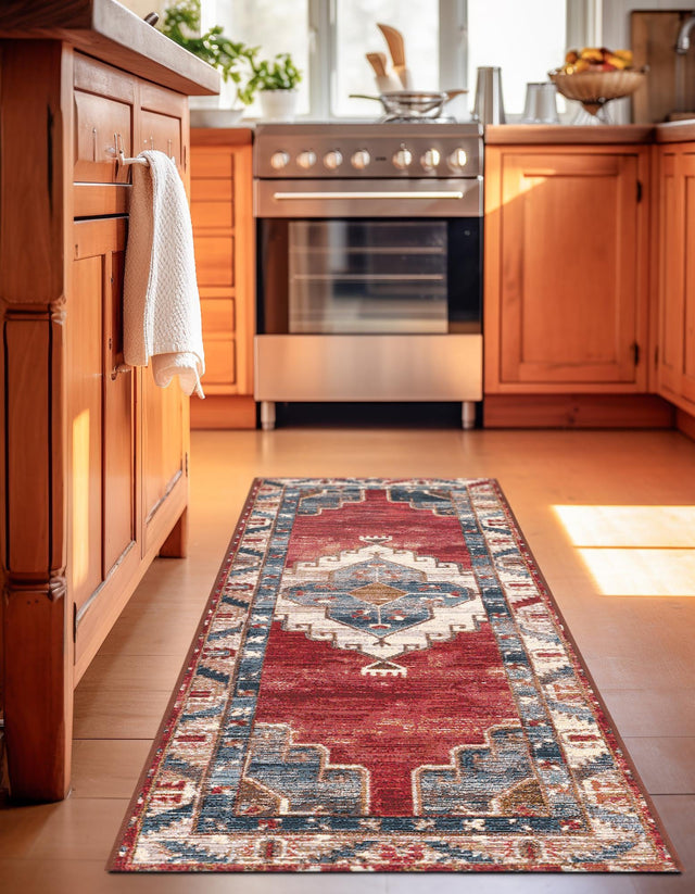 Red and Navy Blue 2' x 8' Outdoor Traditional Runner Area Rug Weather Resistant for Patio, Deck, Terrace, Balcony, Porch Classical Design Outside Carpet for Sale at Rug Engine