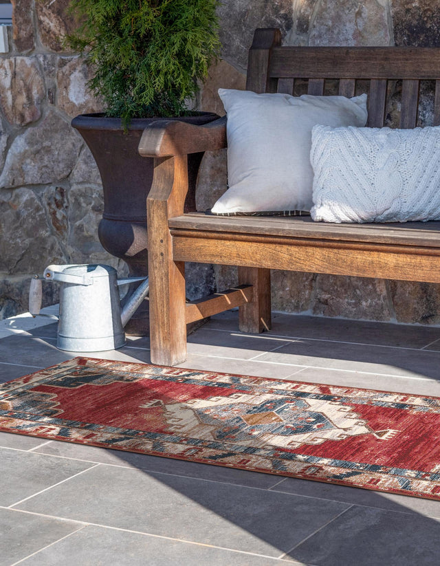 Red and Navy Blue 2' x 6' 1 Outdoor Traditional Runner Area Rug Weather Resistant for Patio, Deck, Terrace, Balcony, Porch Classical Design Outside Carpet for Sale at Rug Engine