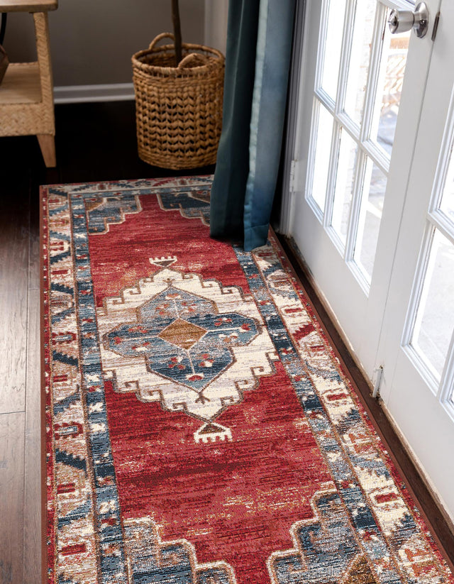 Red and Navy Blue 2' 7 x 10' Outdoor Traditional Runner Area Rug Weather Resistant for Patio, Deck, Terrace, Balcony, Porch Classical Design Outside Carpet for Sale at Rug Engine