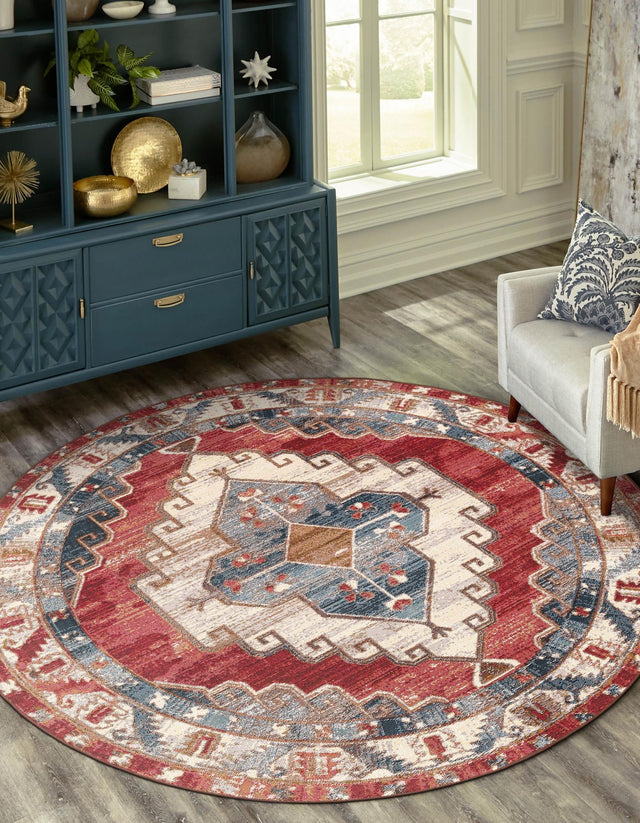 Red and Navy Blue 5' 1 x 5' 1 Outdoor Traditional Round Area Rug Weather Resistant for Patio, Deck, Terrace, Balcony, Porch Classical Design Outside Carpet for Sale at Rug Engine