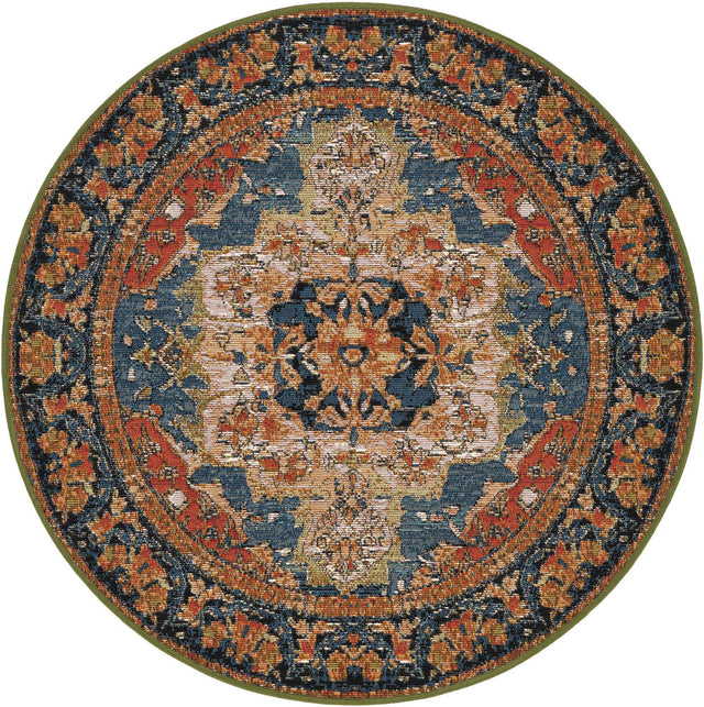 Navy Blue and Rust Red 3' 1 x 3' 1 Outdoor Traditional Round Area Rug Weather Resistant for Patio, Deck, Terrace, Balcony, Porch Classical Design Outside Carpet for Sale at Rug Engine