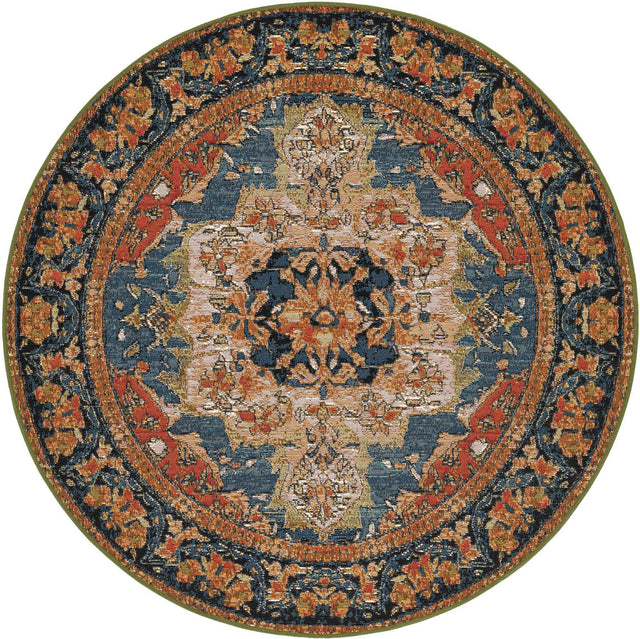 Navy Blue and Rust Red 4' 1 x 4' 1 Outdoor Traditional Round Area Rug Weather Resistant for Patio, Deck, Terrace, Balcony, Porch Classical Design Outside Carpet for Sale at Rug Engine
