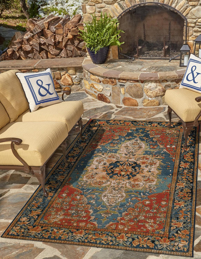 Navy Blue and Rust Red 4' 1 x 6' 1 Outdoor Traditional Rectangle Area Rug Weather Resistant for Patio, Deck, Terrace, Balcony, Porch Classical Design Outside Carpet for Sale at Rug Engine