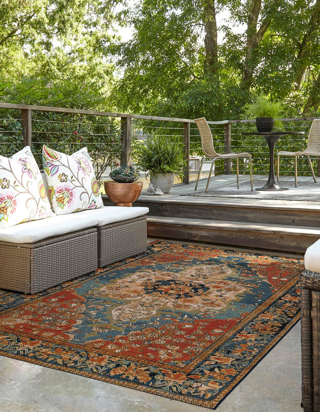Navy Blue and Rust Red 7' 10 x 10' Outdoor Traditional Rectangle Area Rug Weather Resistant for Patio, Deck, Terrace, Balcony, Porch Classical Design Outside Carpet for Sale at Rug Engine