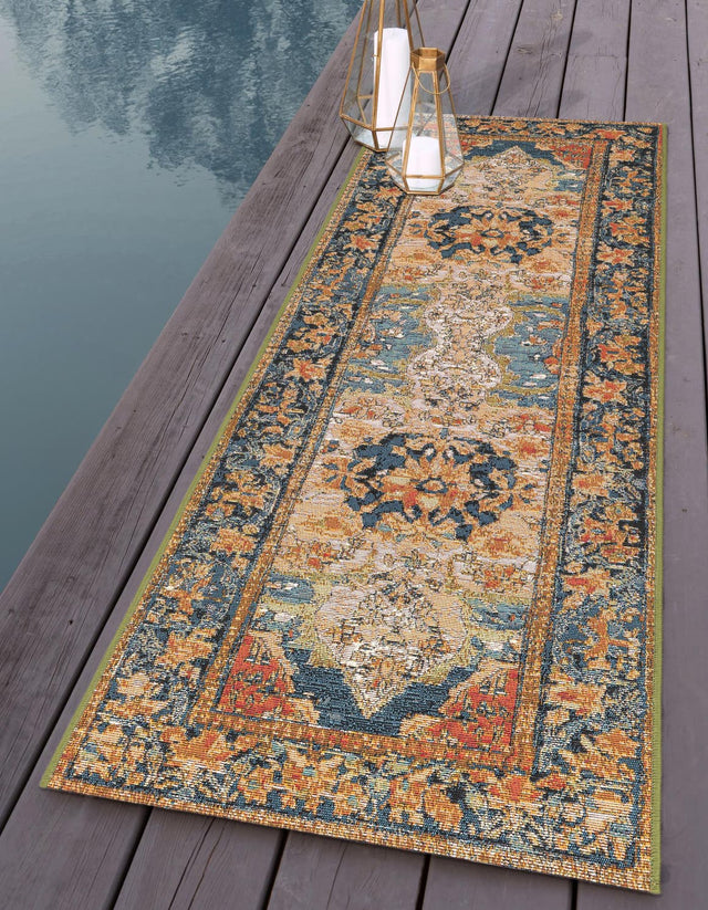 Navy Blue and Rust Red 2' x 5' 1 Outdoor Traditional Runner Area Rug Weather Resistant for Patio, Deck, Terrace, Balcony, Porch