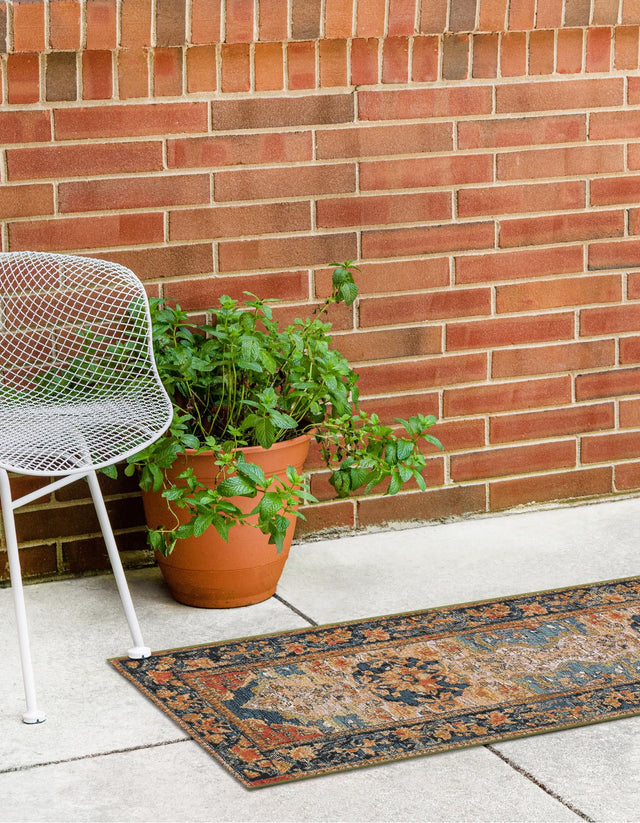 Navy Blue and Rust Red 2' x 5' 1 Outdoor Traditional Runner Area Rug Weather Resistant for Patio, Deck, Terrace, Balcony, Porch