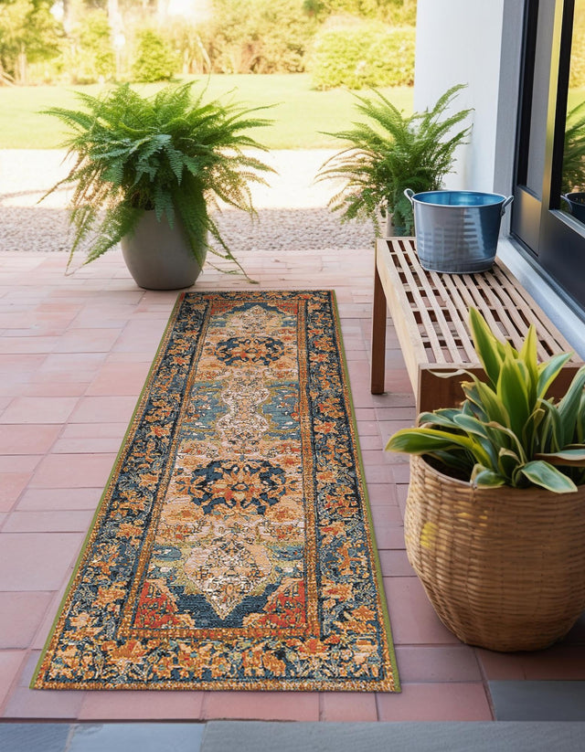 Navy Blue and Rust Red 2' x 5' 1 Outdoor Traditional Runner Area Rug Weather Resistant for Patio, Deck, Terrace, Balcony, Porch