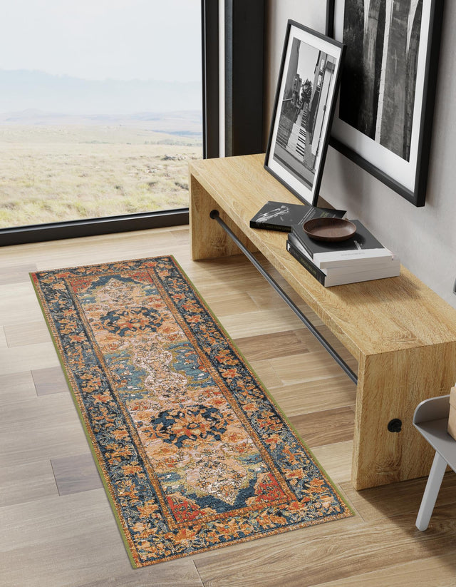 Navy Blue and Rust Red 2' x 5' 1 Outdoor Traditional Runner Area Rug Weather Resistant for Patio, Deck, Terrace, Balcony, Porch