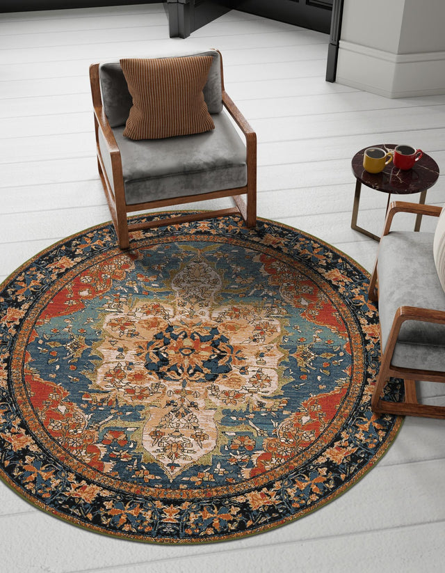 Navy Blue and Rust Red 7' 10 x 7' 10 Outdoor Traditional Round Area Rug Weather Resistant for Patio, Deck, Terrace, Balcony, Porch Classical Design Outside Carpet for Sale at Rug Engine