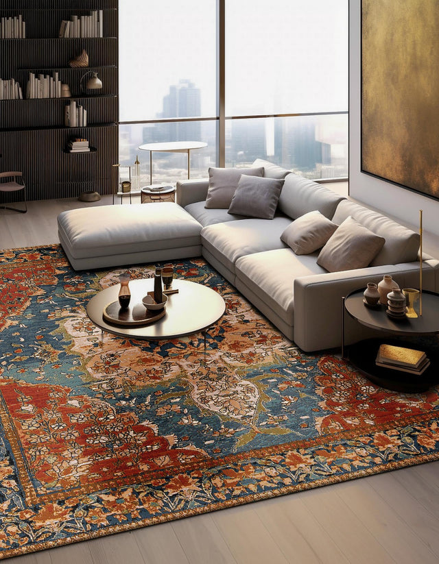 Navy Blue and Rust Red 10' x 10' Outdoor Traditional Square Area Rug Weather Resistant for Patio, Deck, Terrace, Balcony, Porch Classical Design Outside Carpet for Sale at Rug Engine