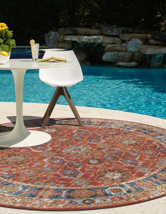 Antique Red 3' 1 x 3' 1 Outdoor Traditional Round Area Rug Weather Resistant for Patio, Deck, Terrace, Balcony, Porch Classical Design Outside Carpet for Sale at Rug Engine