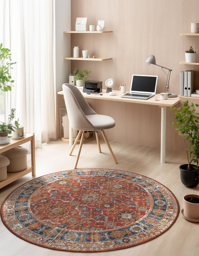 Antique Red 7' 10 x 7' 10 Outdoor Traditional Round Area Rug Weather Resistant for Patio, Deck, Terrace, Balcony, Porch Classical Design Outside Carpet for Sale at Rug Engine