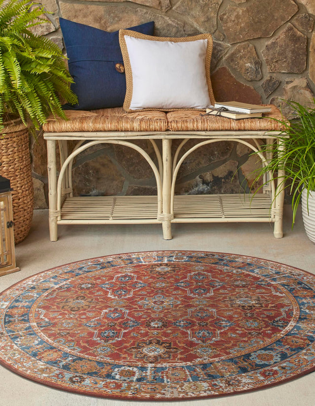 Antique Red 7' 10 x 7' 10 Outdoor Traditional Round Area Rug Weather Resistant for Patio, Deck, Terrace, Balcony, Porch Classical Design Outside Carpet for Sale at Rug Engine
