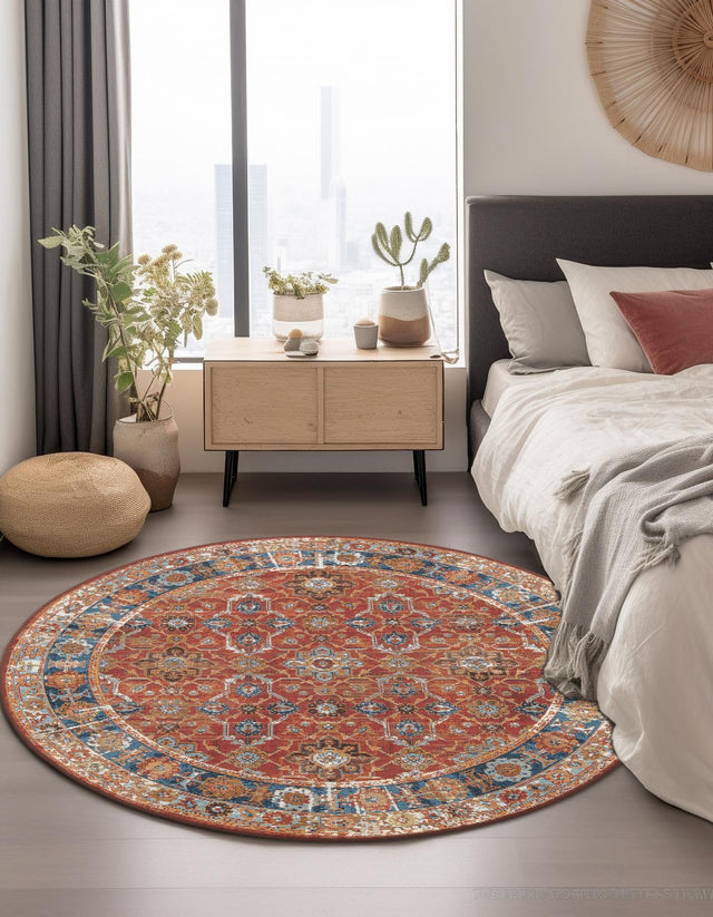 Antique Red 7' 10 x 7' 10 Outdoor Traditional Round Area Rug Weather Resistant for Patio, Deck, Terrace, Balcony, Porch Classical Design Outside Carpet for Sale at Rug Engine