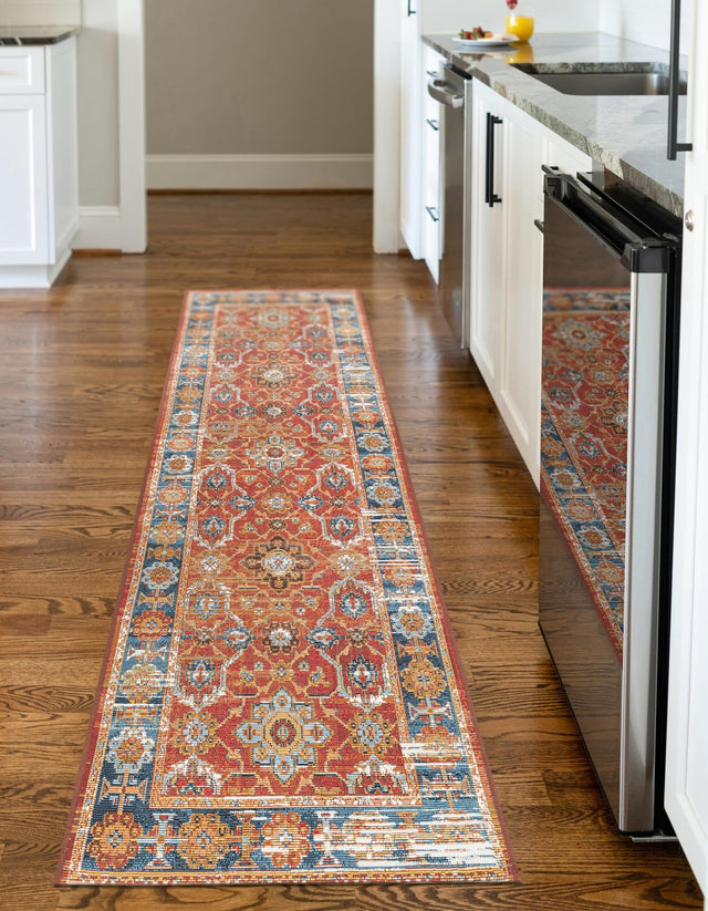 Antique Red 2' 7 x 10' Outdoor Traditional Runner Area Rug Weather Resistant for Patio, Deck, Terrace, Balcony, Porch Classical Design Outside Carpet for Sale at Rug Engine