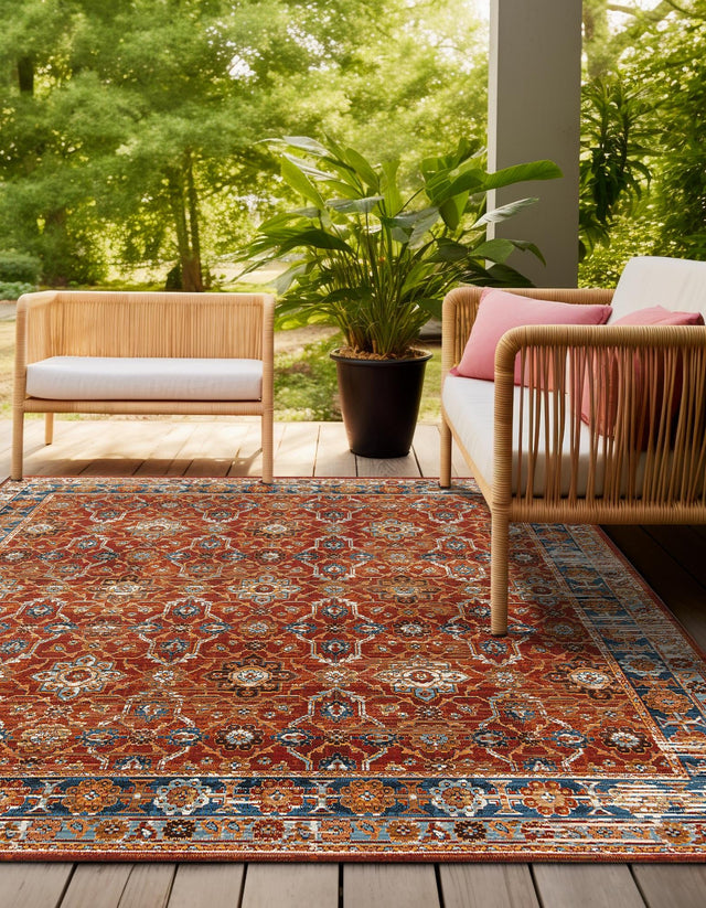 Antique Red 7' 10 x 7' 10 Outdoor Traditional Square Area Rug Weather Resistant for Patio, Deck, Terrace, Balcony, Porch Classical Design Outside Carpet for Sale at Rug Engine