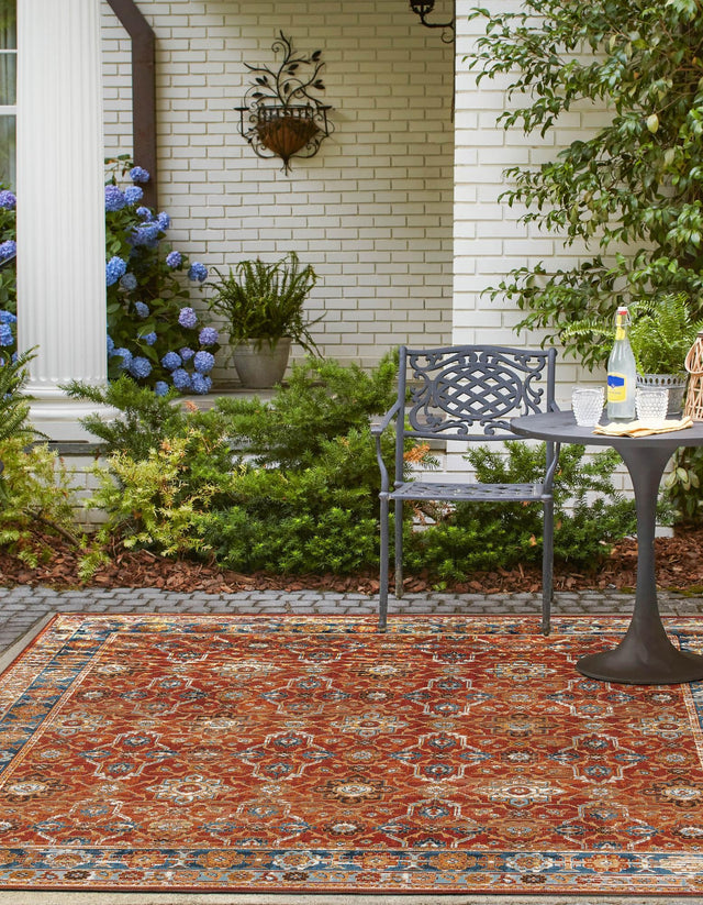 Antique Red 10' x 10' Outdoor Traditional Square Area Rug Weather Resistant for Patio, Deck, Terrace, Balcony, Porch Classical Design Outside Carpet for Sale at Rug Engine