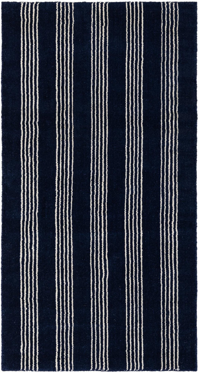 Cobalt Blue 2' x 4' 1 Jill Zarin Striped Wool Runner Area Rug 80% Wool & 20% Cotton Hand Made Luxury All Natural Carpet for Interior Design for Sale at Rug Engine
