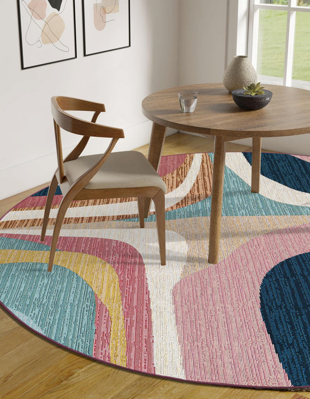 Multicolor 5' 1 x 5' 1 Outdoor Modern Round Area Rug Weather Resistant for Patio, Deck, Terrace, Balcony, Porch 100% Polypropylene Modern Outside Carpet for Sale at Rug Engine