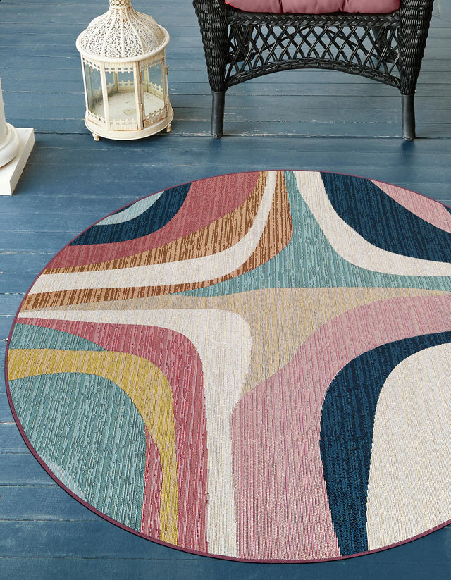 Multicolor 4' 1 x 4' 1 Outdoor Modern Round Area Rug Weather Resistant for Patio, Deck, Terrace, Balcony, Porch 100% Polypropylene Modern Outside Carpet for Sale at Rug Engine