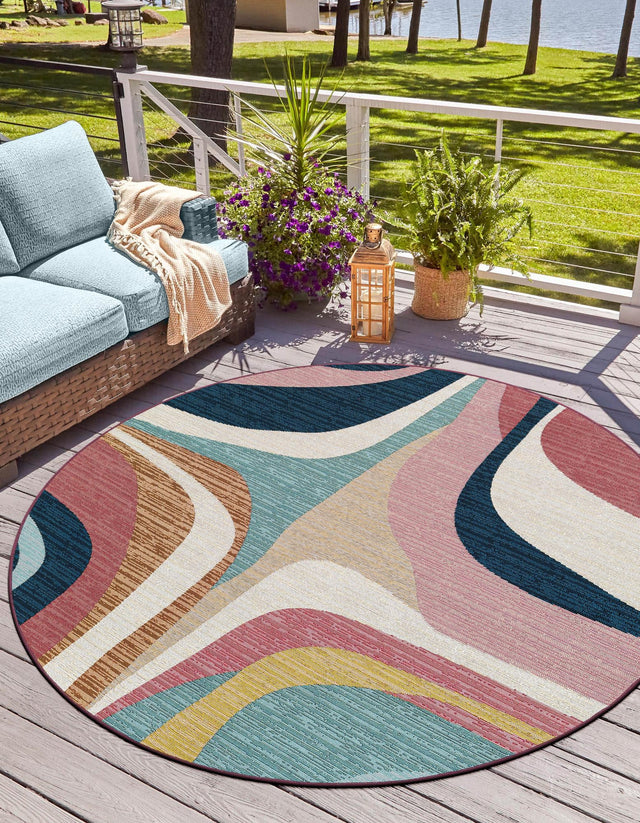 Multicolor 4' 1 x 4' 1 Outdoor Modern Round Area Rug Weather Resistant for Patio, Deck, Terrace, Balcony, Porch 100% Polypropylene Modern Outside Carpet for Sale at Rug Engine