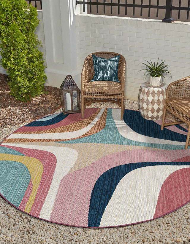 Multicolor 3' 1 x 3' 1 Outdoor Modern Round Area Rug Weather Resistant for Patio, Deck, Terrace, Balcony, Porch 100% Polypropylene Modern Outside Carpet for Sale at Rug Engine