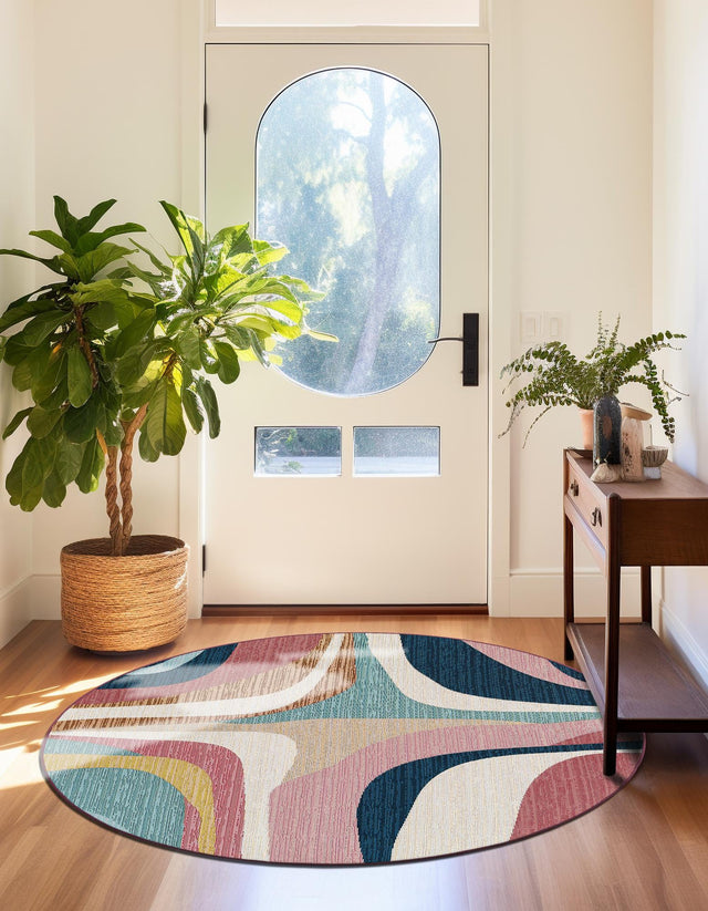 Multicolor 4' 1 x 4' 1 Outdoor Modern Round Area Rug Weather Resistant for Patio, Deck, Terrace, Balcony, Porch 100% Polypropylene Modern Outside Carpet for Sale at Rug Engine
