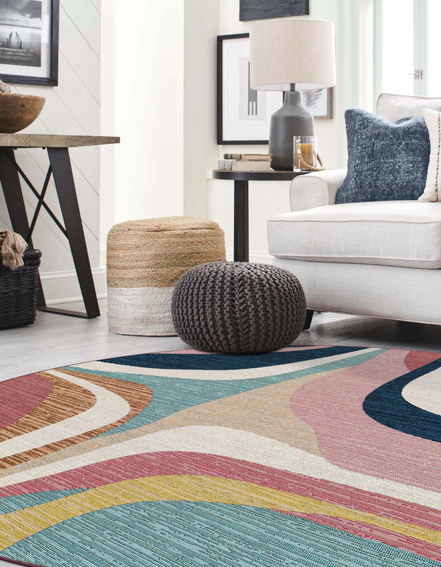 Multicolor 5' 1 x 5' 1 Outdoor Modern Round Area Rug Weather Resistant for Patio, Deck, Terrace, Balcony, Porch 100% Polypropylene Modern Outside Carpet for Sale at Rug Engine
