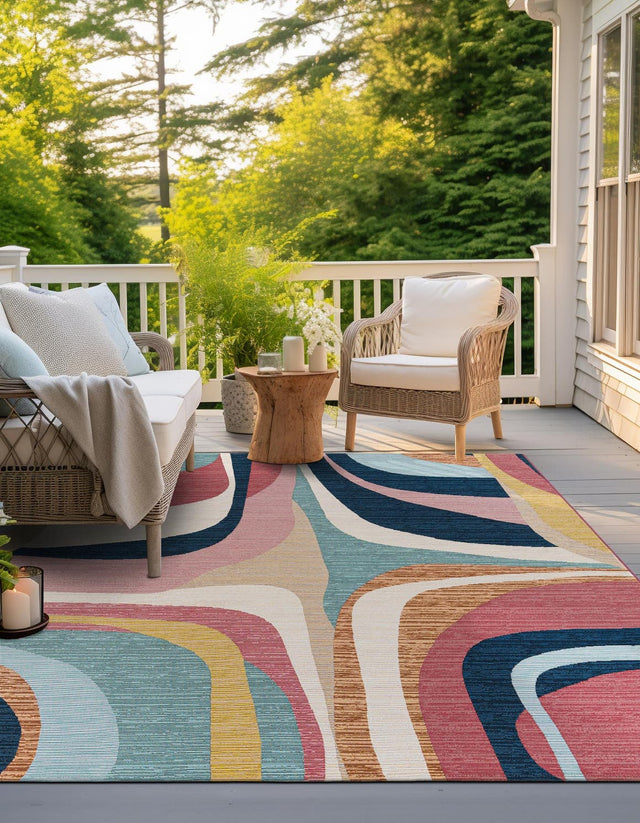Multicolor 7' 10 x 7' 10 Outdoor Modern Square Area Rug Weather Resistant for Patio, Deck, Terrace, Balcony, Porch 100% Polypropylene Modern Outside Carpet for Sale at Rug Engine