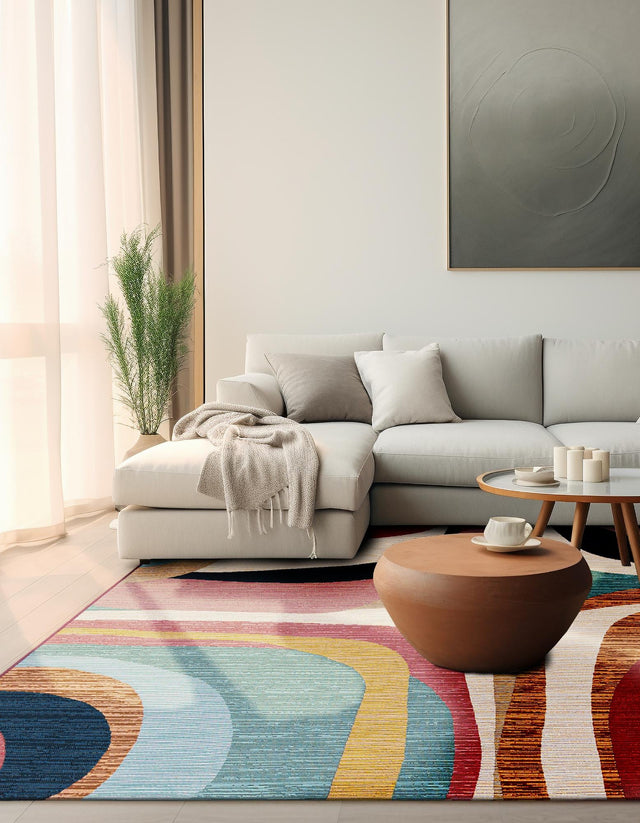 Multicolor 7' 10 x 7' 10 Outdoor Modern Square Area Rug Weather Resistant for Patio, Deck, Terrace, Balcony, Porch 100% Polypropylene Modern Outside Carpet for Sale at Rug Engine
