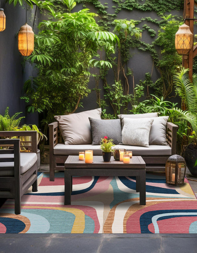 Multicolor 7' 10 x 7' 10 Outdoor Modern Square Area Rug Weather Resistant for Patio, Deck, Terrace, Balcony, Porch 100% Polypropylene Modern Outside Carpet for Sale at Rug Engine