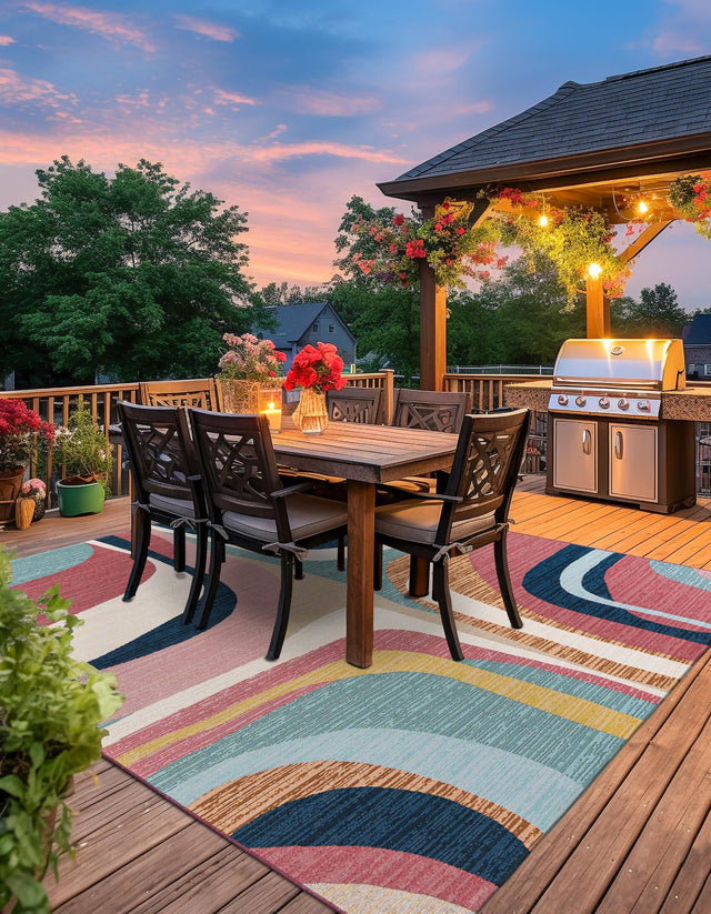 Multicolor 7' 10 x 7' 10 Outdoor Modern Square Area Rug Weather Resistant for Patio, Deck, Terrace, Balcony, Porch 100% Polypropylene Modern Outside Carpet for Sale at Rug Engine