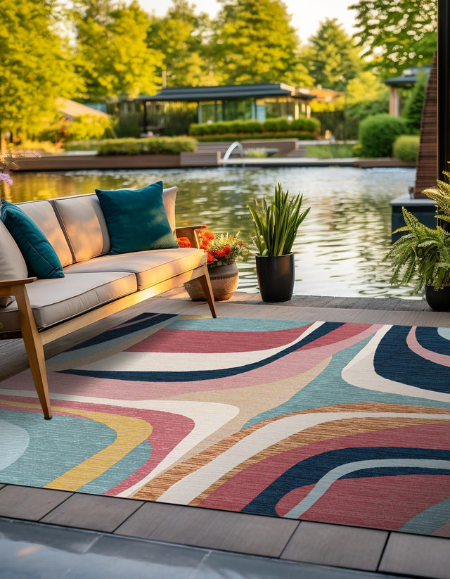 Multicolor 7' 10 x 7' 10 Outdoor Modern Square Area Rug Weather Resistant for Patio, Deck, Terrace, Balcony, Porch 100% Polypropylene Modern Outside Carpet for Sale at Rug Engine