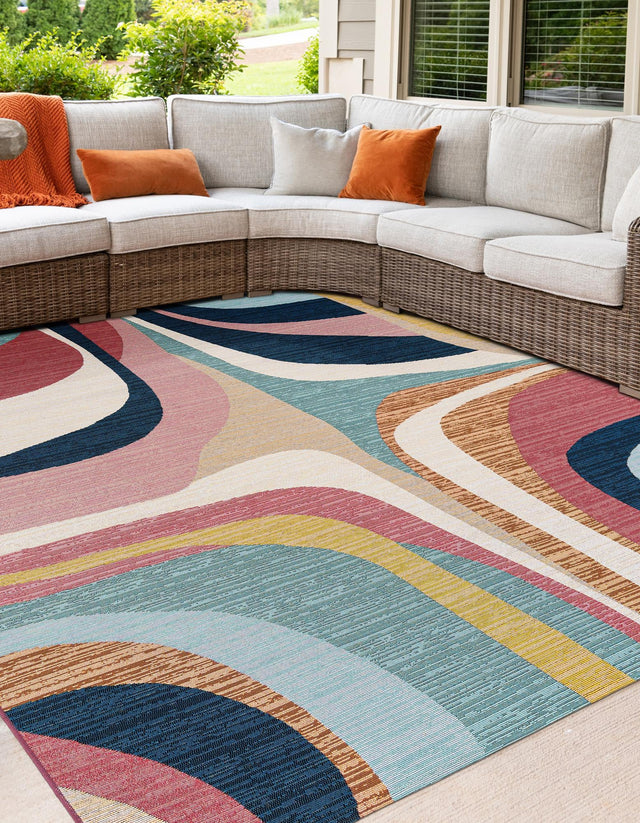 Multicolor 7' 10 x 7' 10 Outdoor Modern Square Area Rug Weather Resistant for Patio, Deck, Terrace, Balcony, Porch 100% Polypropylene Modern Outside Carpet for Sale at Rug Engine