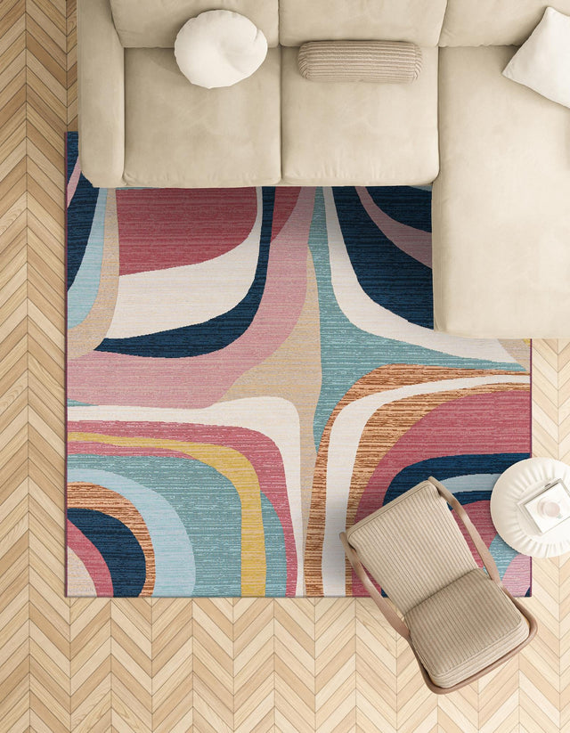 Multicolor 7' 10 x 7' 10 Outdoor Modern Square Area Rug Weather Resistant for Patio, Deck, Terrace, Balcony, Porch 100% Polypropylene Modern Outside Carpet for Sale at Rug Engine