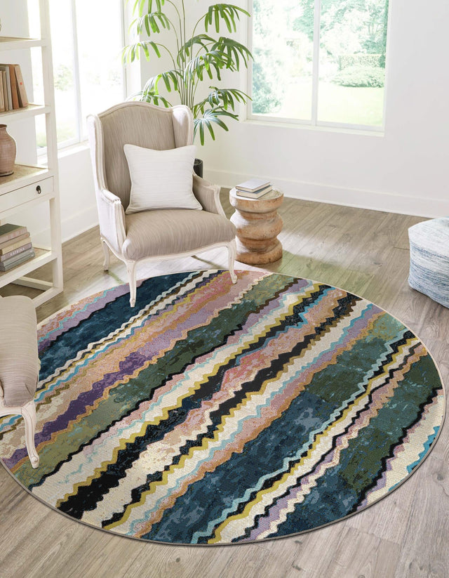 Multicolor 7' 10 x 7' 10 Outdoor Modern Round Area Rug Weather Resistant for Patio, Deck, Terrace, Balcony, Porch 100% Polypropylene Modern Outside Carpet for Sale at Rug Engine