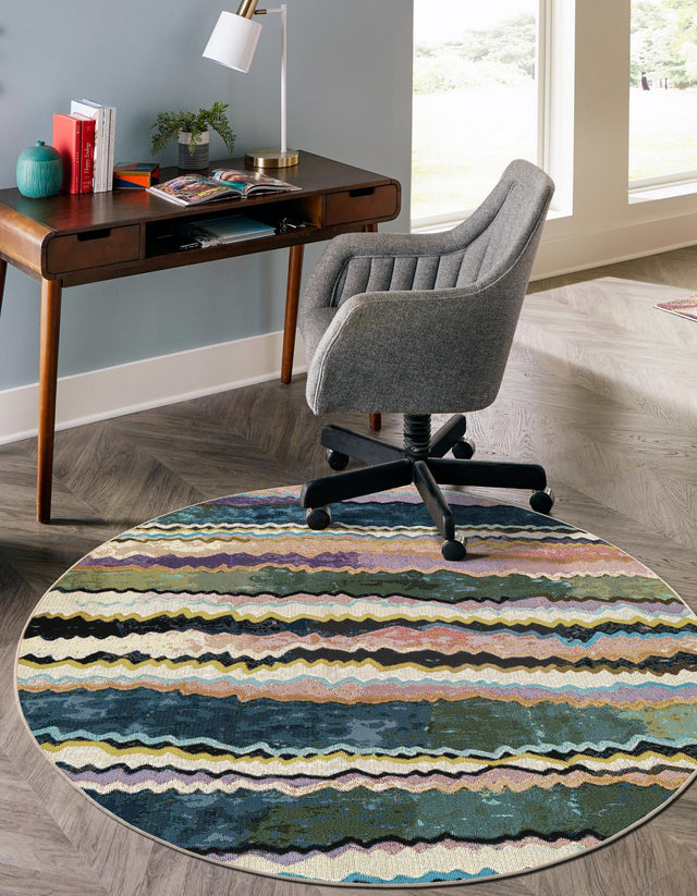 Multicolor 7' 10 x 7' 10 Outdoor Modern Round Area Rug Weather Resistant for Patio, Deck, Terrace, Balcony, Porch 100% Polypropylene Modern Outside Carpet for Sale at Rug Engine