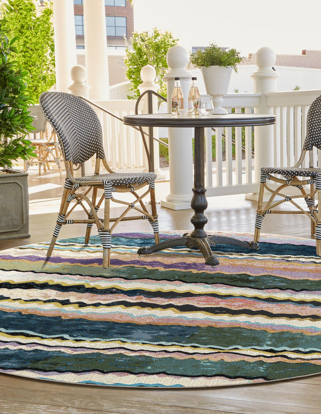 Multicolor 7' 10 x 7' 10 Outdoor Modern Round Area Rug Weather Resistant for Patio, Deck, Terrace, Balcony, Porch 100% Polypropylene Modern Outside Carpet for Sale at Rug Engine