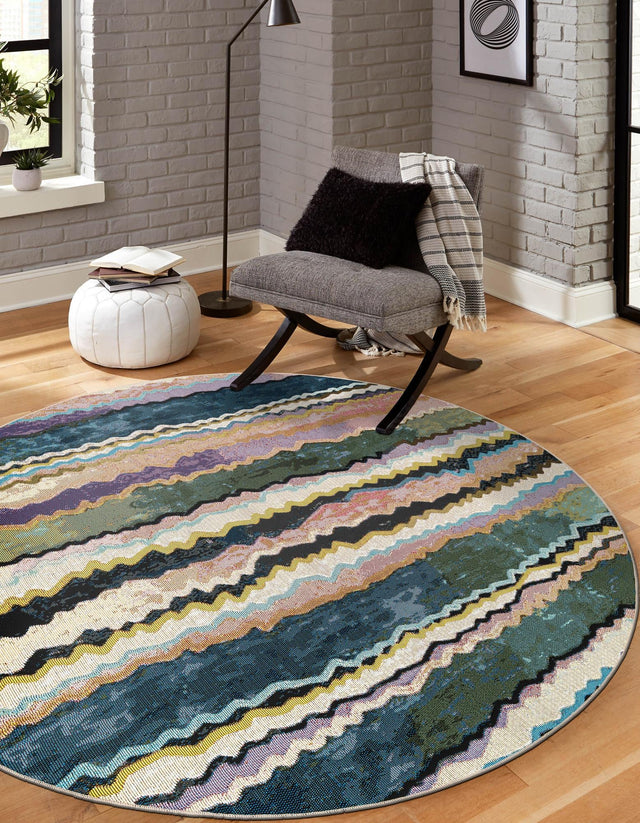 Multicolor 5' 1 x 5' 1 Outdoor Modern Round Area Rug Weather Resistant for Patio, Deck, Terrace, Balcony, Porch 100% Polypropylene Modern Outside Carpet for Sale at Rug Engine