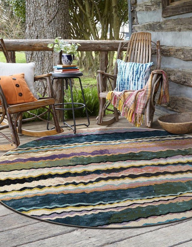 Multicolor 7' 10 x 7' 10 Outdoor Modern Round Area Rug Weather Resistant for Patio, Deck, Terrace, Balcony, Porch 100% Polypropylene Modern Outside Carpet for Sale at Rug Engine