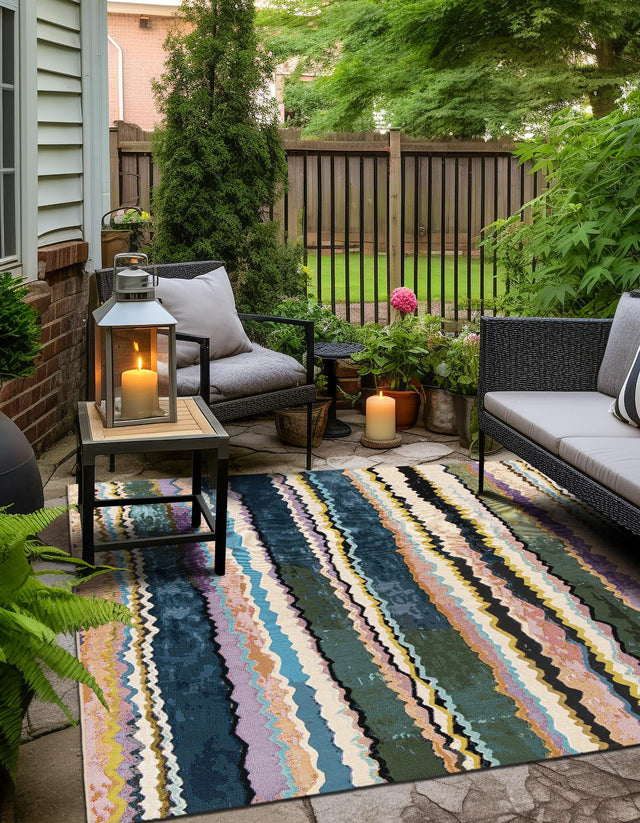 Multicolor 7' 10 x 7' 10 Outdoor Modern Square Area Rug Weather Resistant for Patio, Deck, Terrace, Balcony, Porch 100% Polypropylene Modern Outside Carpet for Sale at Rug Engine