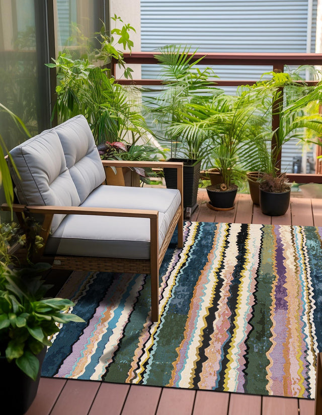 Multicolor 7' 10 x 7' 10 Outdoor Modern Square Area Rug Weather Resistant for Patio, Deck, Terrace, Balcony, Porch 100% Polypropylene Modern Outside Carpet for Sale at Rug Engine