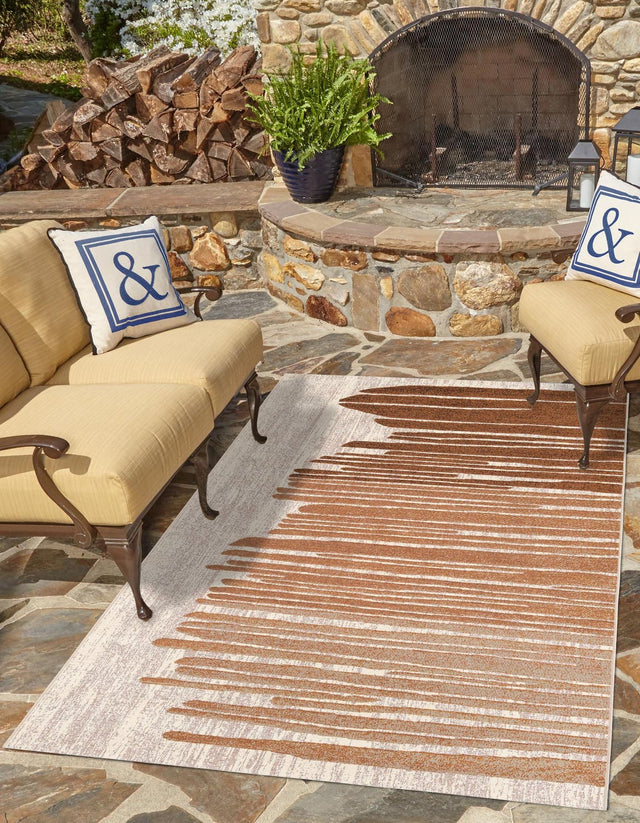 Beige Brown 10' x 14' 1 Outdoor Modern Rectangle Area Rug Weather Resistant for Patio, Deck, Terrace, Balcony, Porch 100% Polypropylene Modern Outside Carpet for Sale at Rug Engine