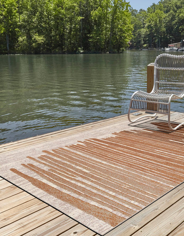 Beige Brown 9' x 12' Outdoor Modern Rectangle Area Rug Weather Resistant for Patio, Deck, Terrace, Balcony, Porch